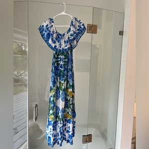 Lulu’s off the shoulder blue and yellow midi dress with slit